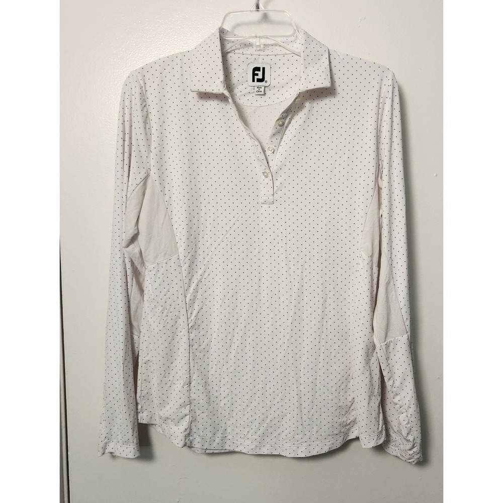 Footjoy Women's‎ Long Sleeve Polo White Blue Polka Dots Medium Golf Pickleball